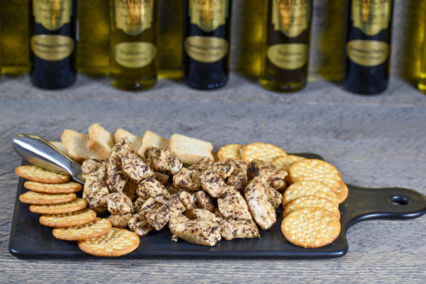 Black garlic cheese curds with crackers