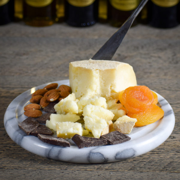 Havarti cheese with almonds, chocolate and dried apricots